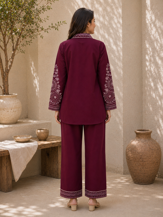 Wine Collared Co Ord Set