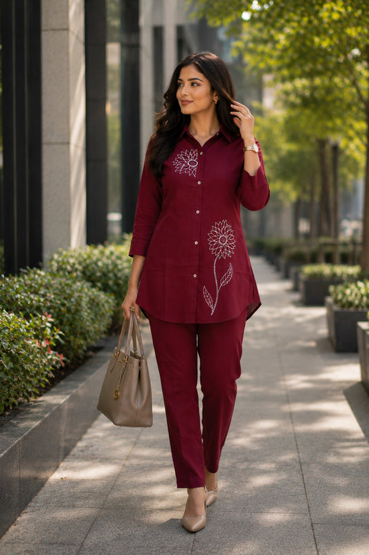 Maroon Cotton Co Ord Set