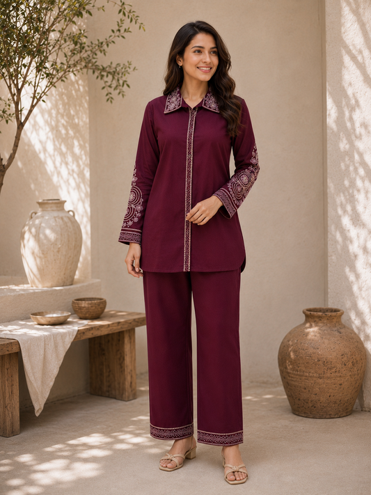 Wine Collared Co Ord Set