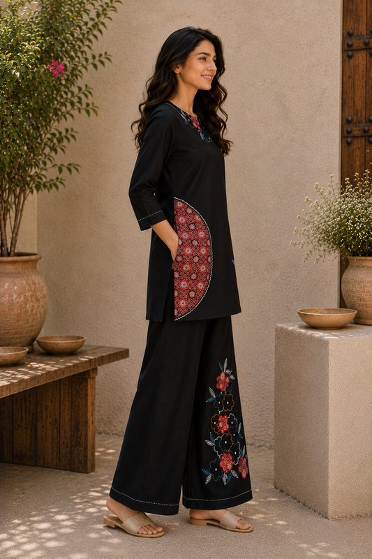 Black Ajrakh Patch Cotton Co Ord set