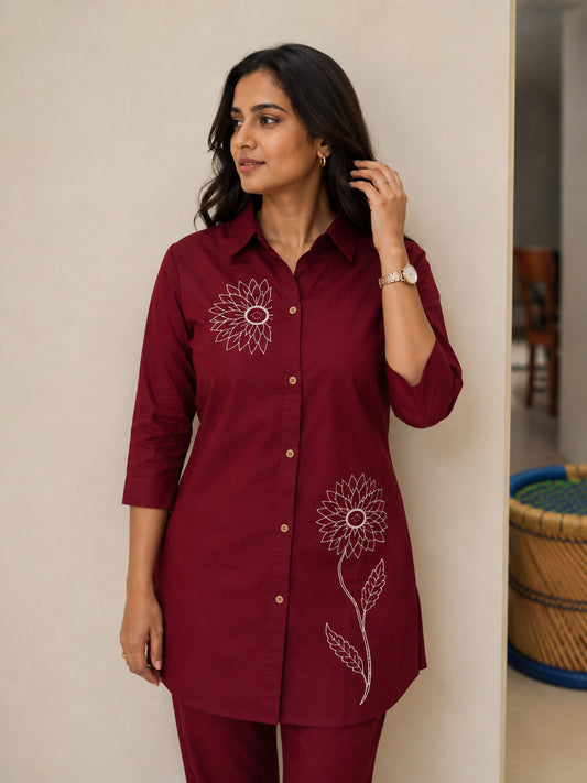 Maroon Cotton Co Ord Set